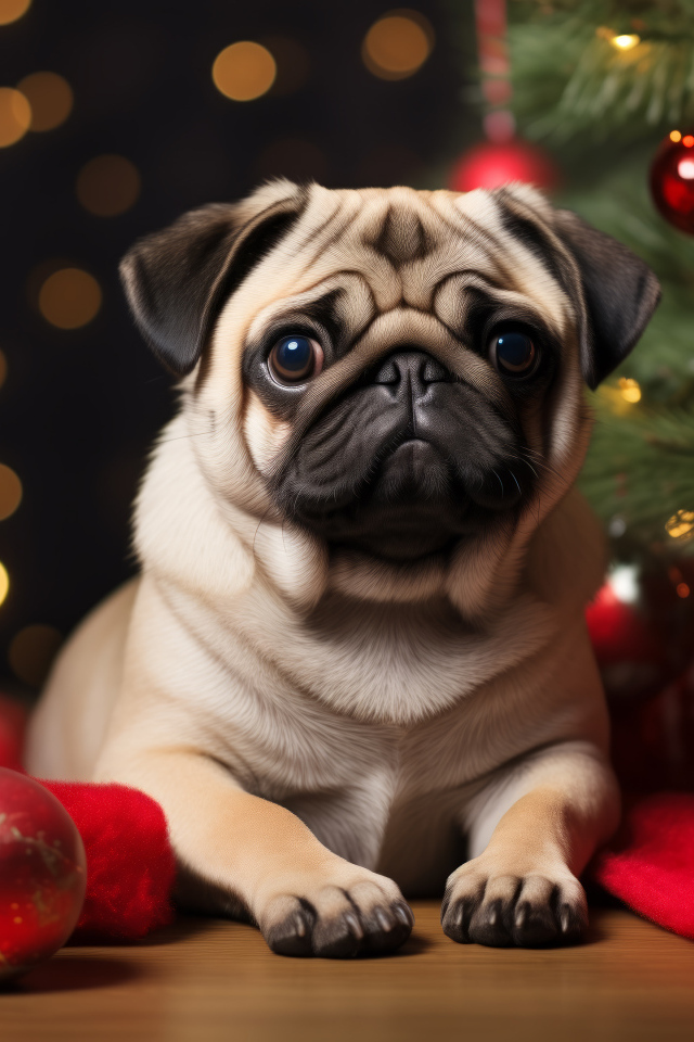 Мопс лежит у наряженой ели с красными шарами