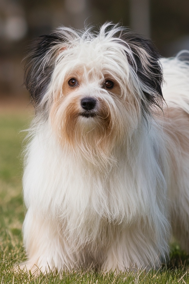 Пушистая собака на зеленой траве