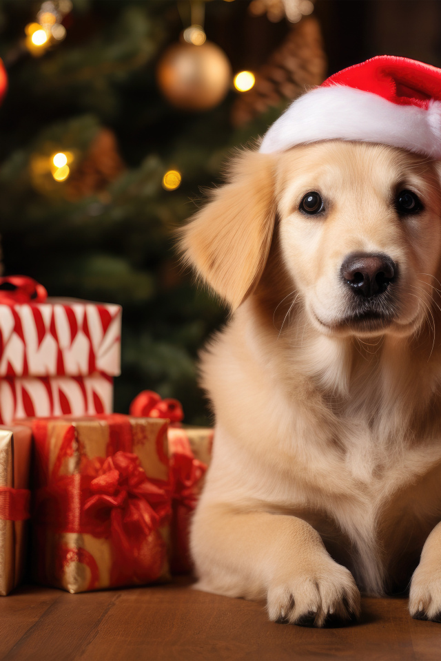 Золотистый ретривер с подарками у новогодней ели