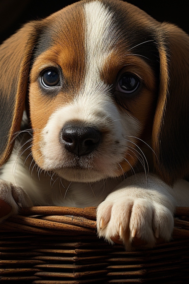 Маленький щенок в корзине с зелеными листьями