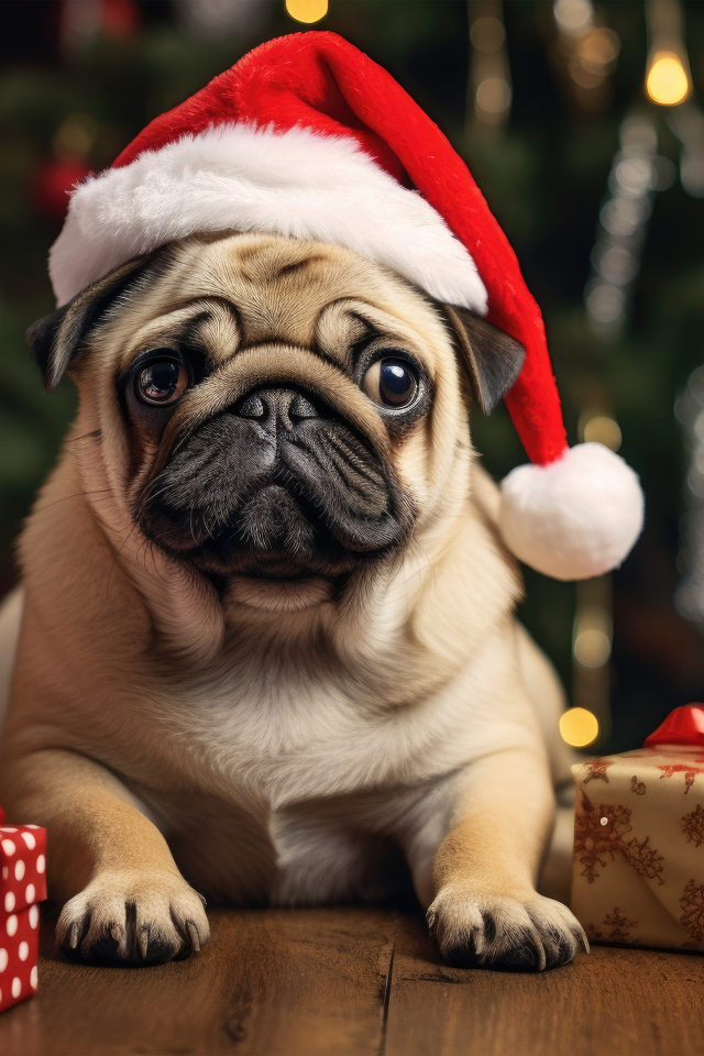 Мопс с подарками под новогодней елкой
