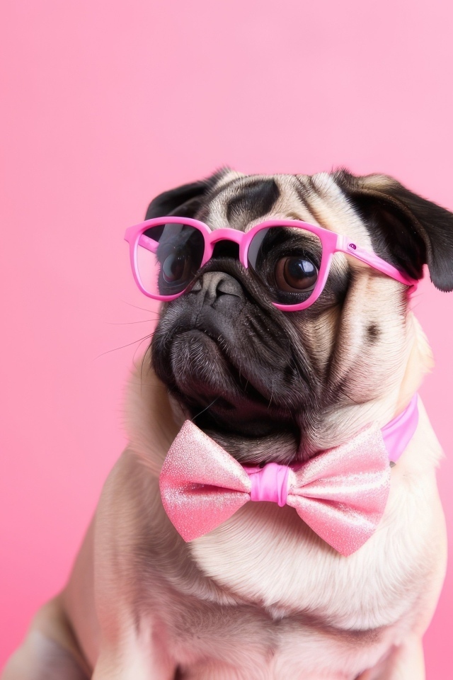 Мопс в очках на розовом фоне
