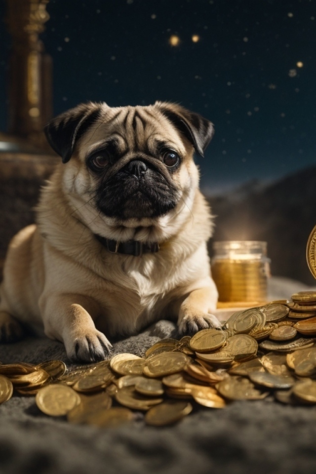Мопс с золотыми монетами на песке