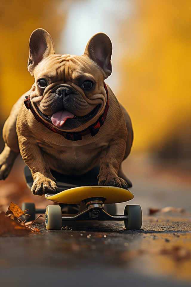Довольный французский бульдог на скейтборде