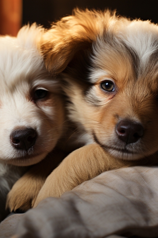 Два щенка швейцарской овчарки лежат на кровати