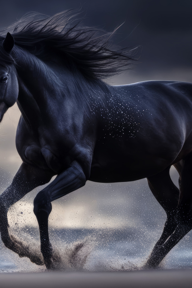 Красивый черный конь скачет по песку у моря