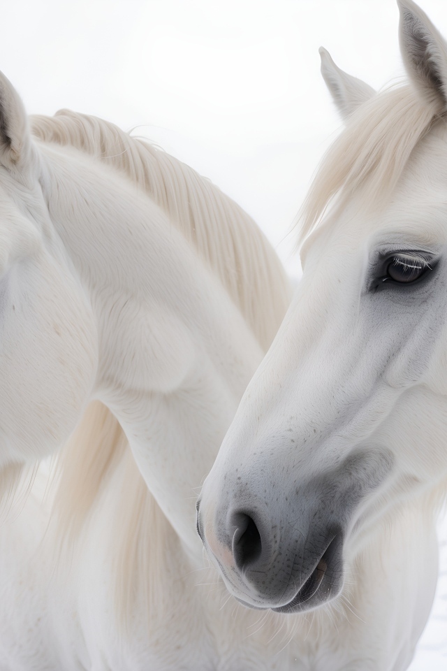 Две красивые белые лошади зимой