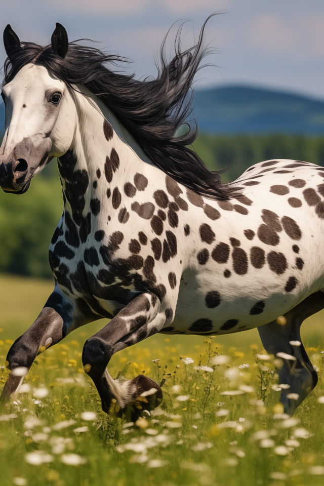 Белая лошадь в черных пятнах на пастбище