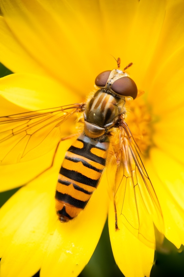 Жужжалка сидит на желтом цветке