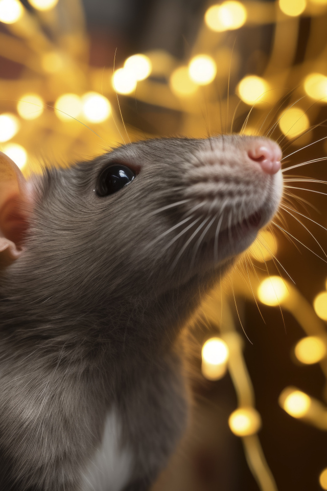 Серая крыса на фоне гирлянды