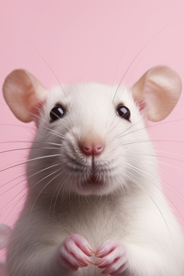 Белая крыса на розовом фоне с цветами