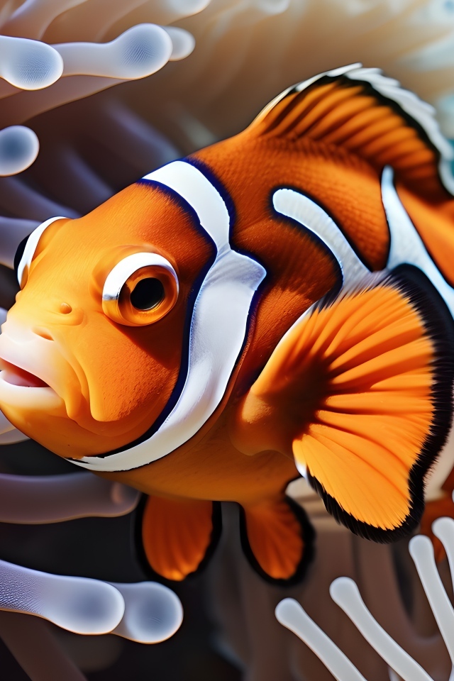 Рыбка клоун плавает в кораллах 