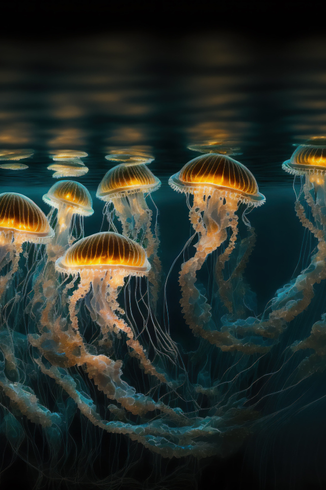 Много светящихся медуз под водой