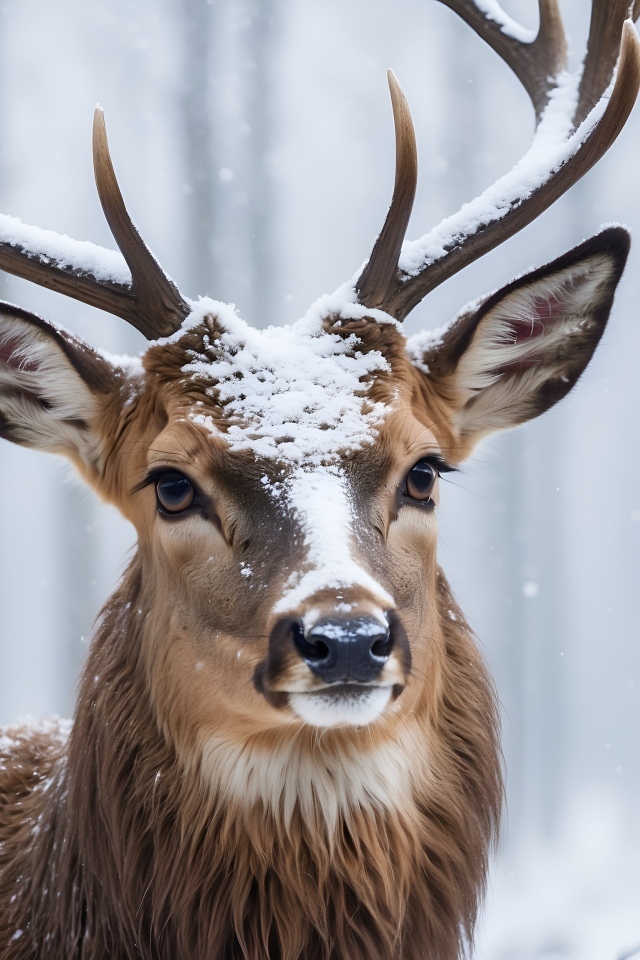 Большой олень в зимнем заснеженном лесу
