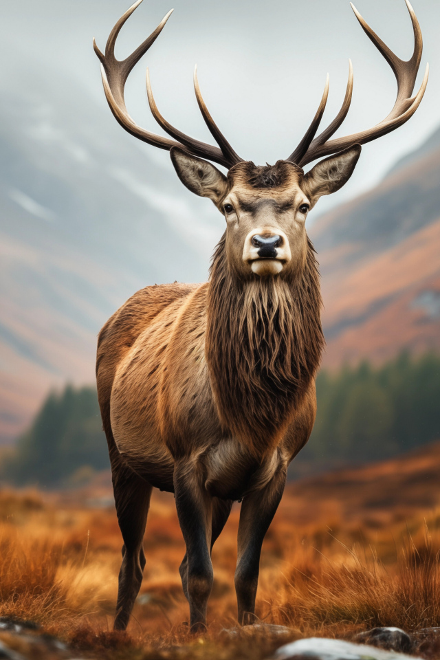 Олень с большими рогами в горах