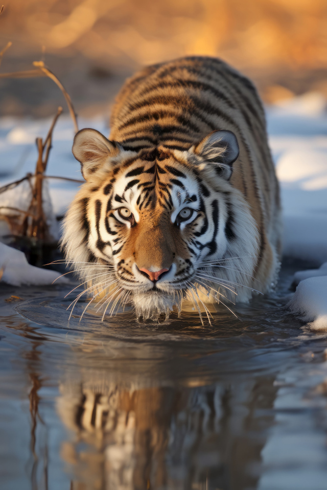 Тигр стоит в холодной воде с заснеженными берегами