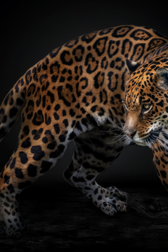 Пятнистый хищный ягуар на черном фоне