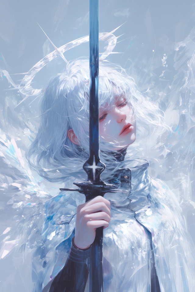 Девушка аниме ангел с оружием на сером фоне