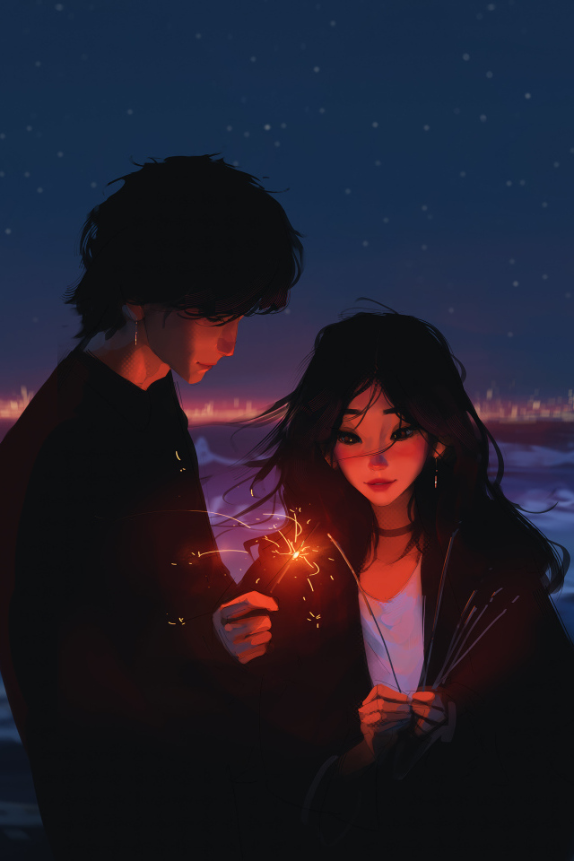 Пара аниме с бенгальскими огнями у воды
