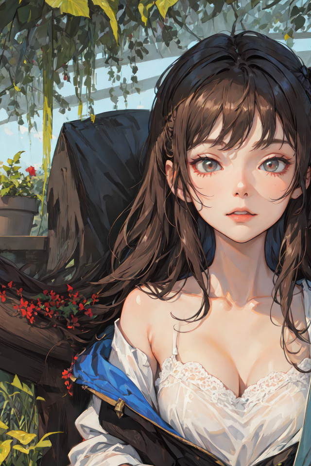 Девушка аниме в оранжерее с цветами