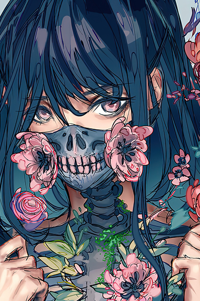 Девушка аниме в цветах с маской на лице