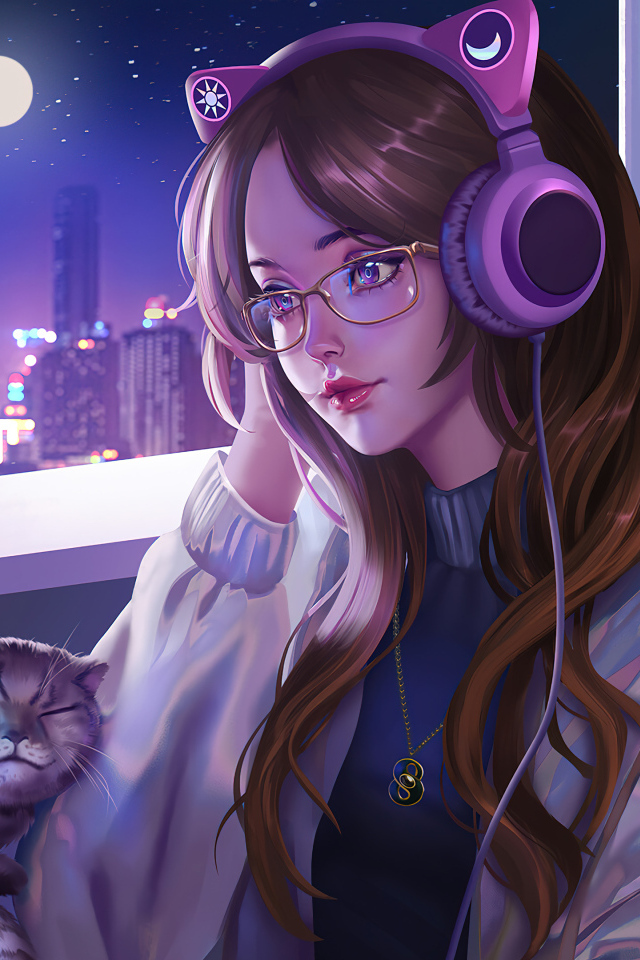 Девушка аниме в наушниках в комнате с котом