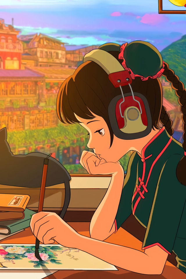 Девушка аниме в наушниках сидит за столом у окна