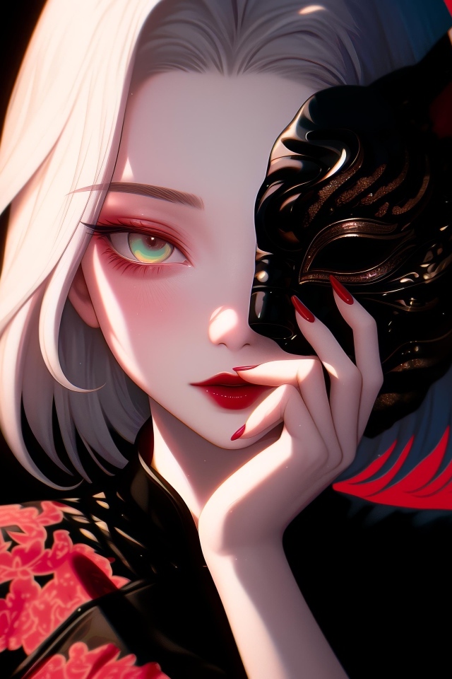 Девушка аниме в кимоно закрывает лицо маской