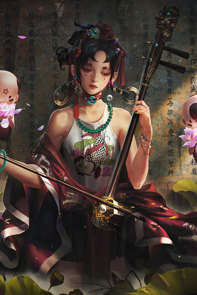 Девушка аниме играет на музыкальном инструменте