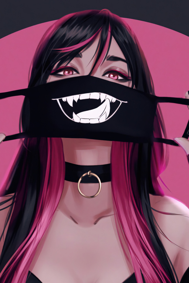 Девушка аниме с черной смешной маской на лице