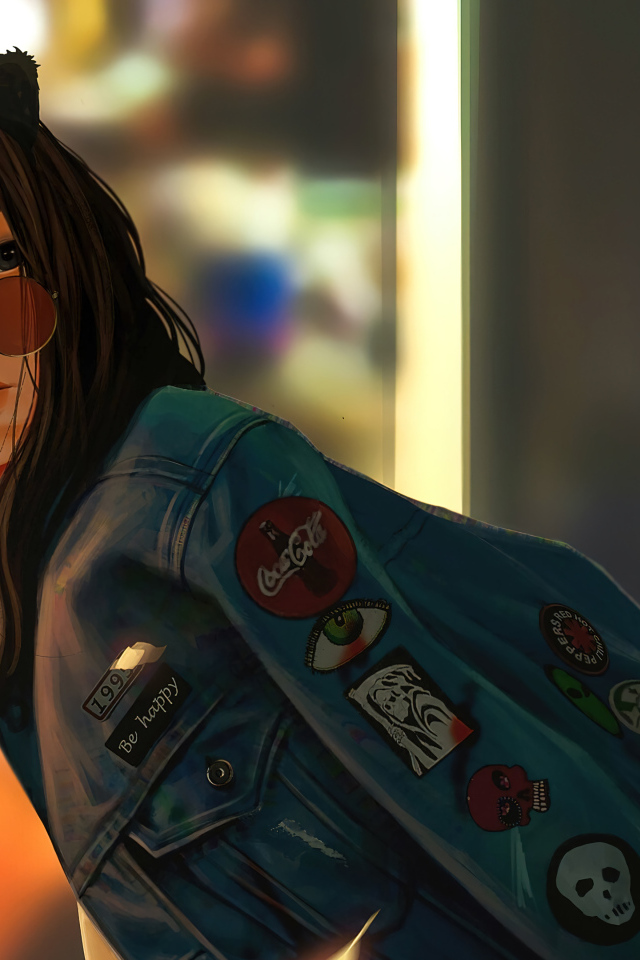 Девушка аниме с сигаретой в джинсовой куртке