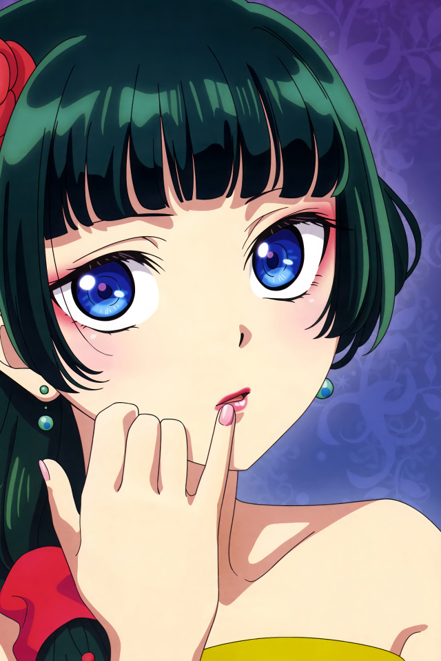 Девушка аниме с большими голубыми глазами на синем фоне