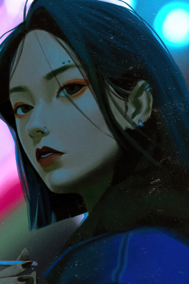 Девушка аниме с черными глазами с сигаретой в руках