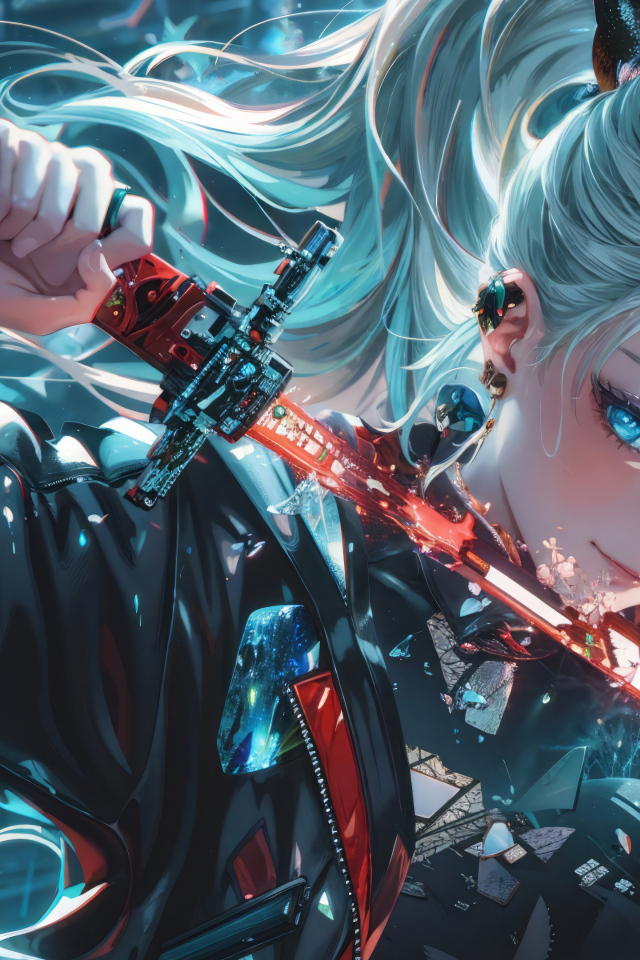 Девушка аниме с голубыми волосами держит катану