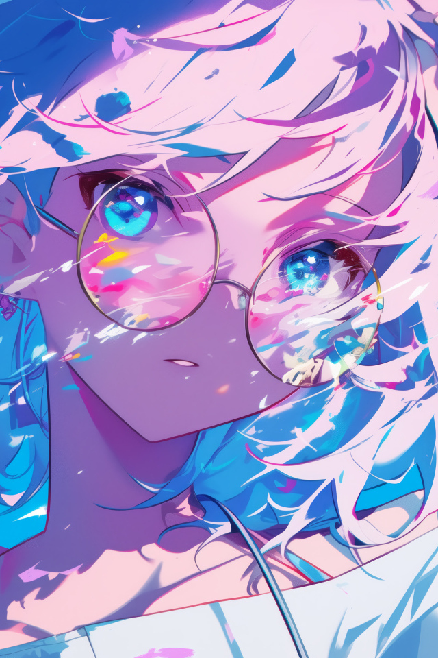 Аниме девушка в очках в лучах солнца на голубом фоне
