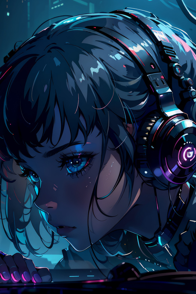 Девушка аниме с наушниками на голове 