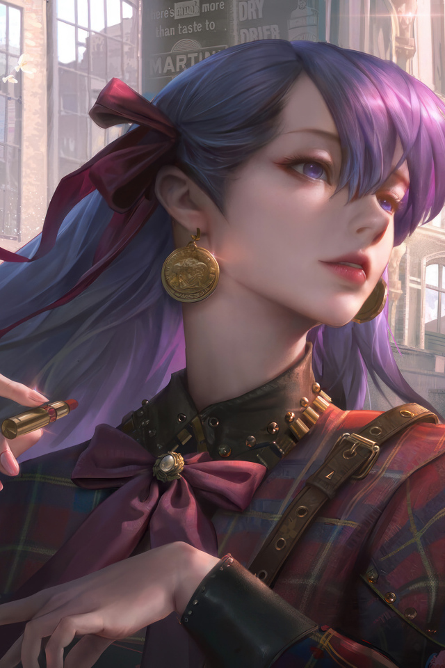 Девушка аниме с фиолетовыми волосами с помадой в руке