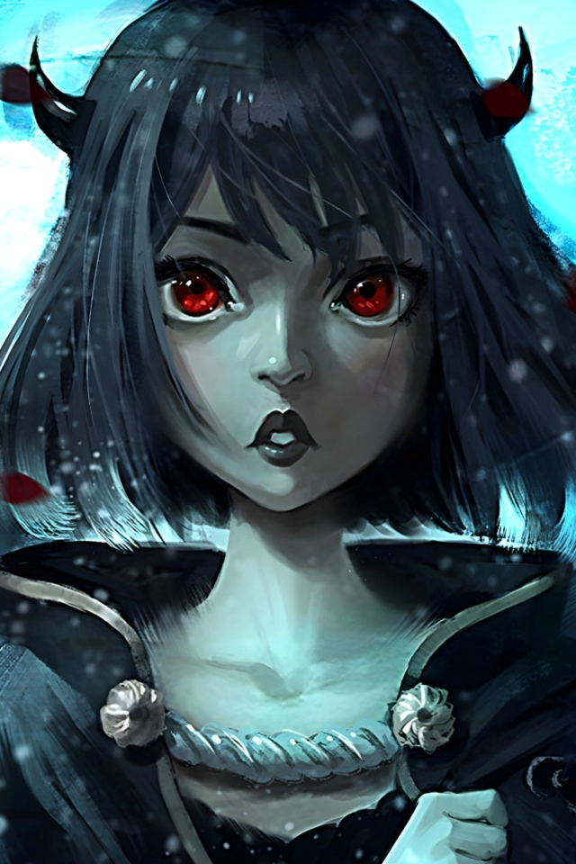 Девушка аниме с красными глазами и рогами на голове