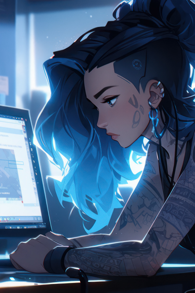Девушка аниме с татуировками сидит за компьютером
