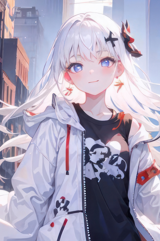 Девушка аниме с белыми длинными волосами в куртке на улице