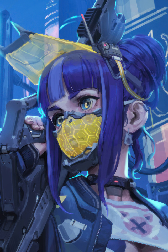 Девушка аниме солдат с маской на лице