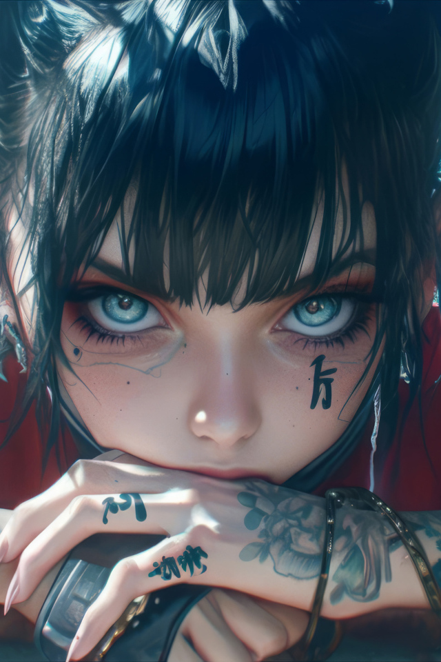 Голубоглазая аниме девушка с татуировками на теле