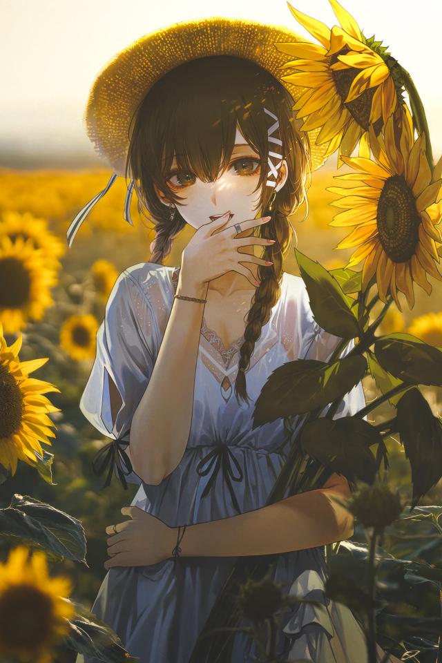 Милая девушка аниме на поле с подсолнухами