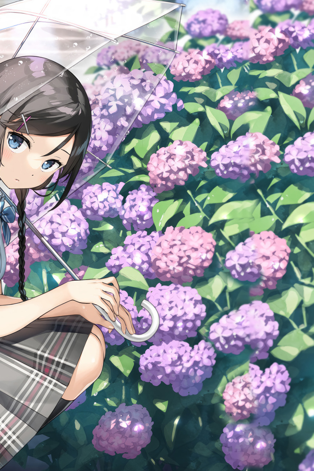 Милая девушка аниме с зонтом у кустов с цветами