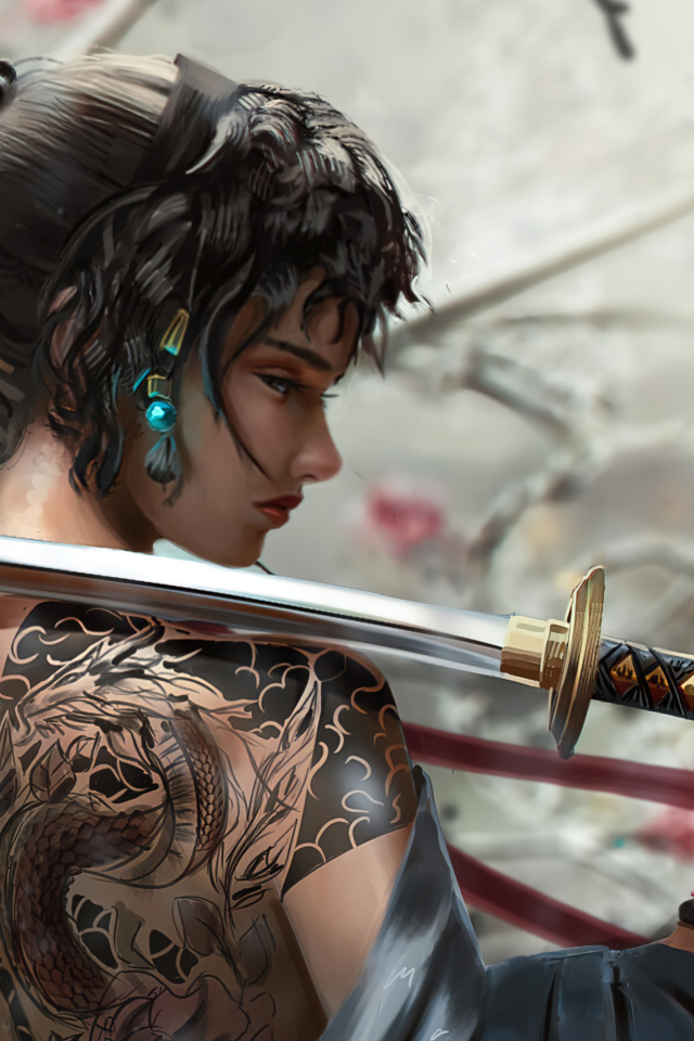 Девушка самурай с катаной в руке 