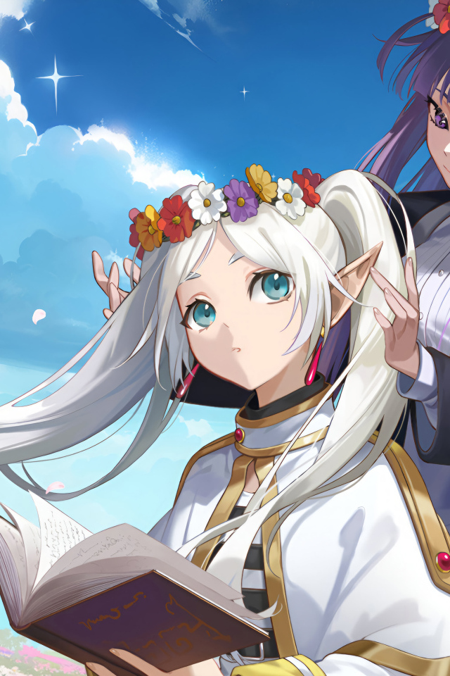 Две девушки аниме на поле с венками