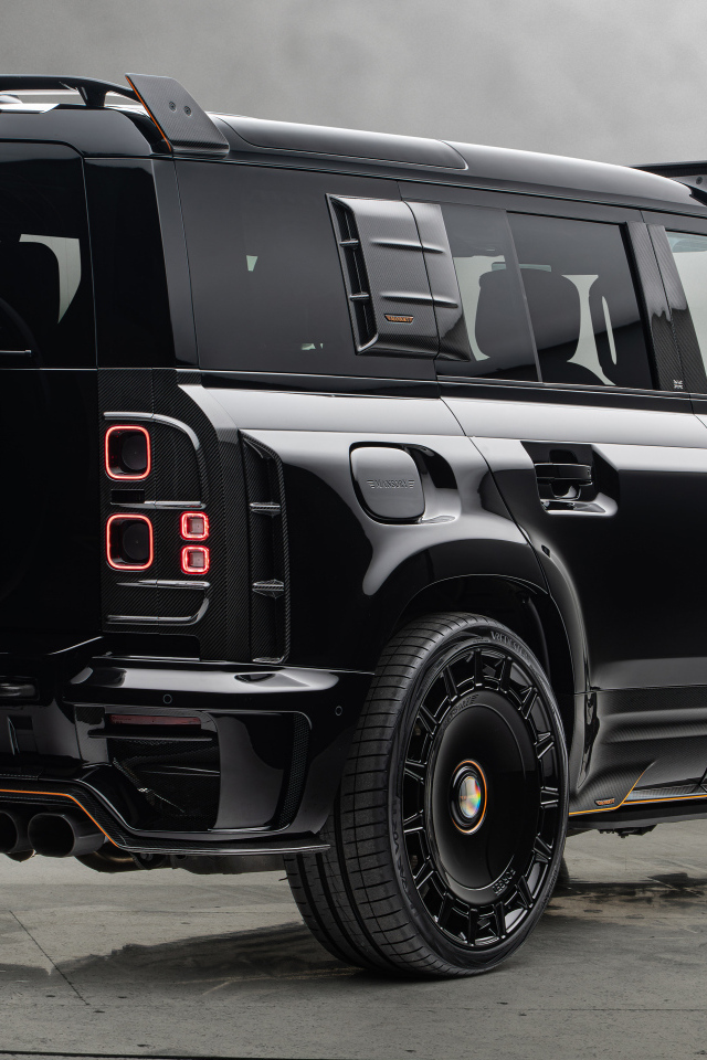 Вид сзади на черный автомобиль Mansory Land Rover Defender 110 Black Edition 2024 года