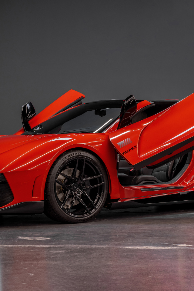 Красный автомобиль  Rezvani Beast 2024 года с открытыми дверями