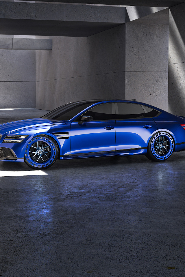 Вид сбоку на синий автомобиль  Genesis G80 EV Magma Concept 2024 года