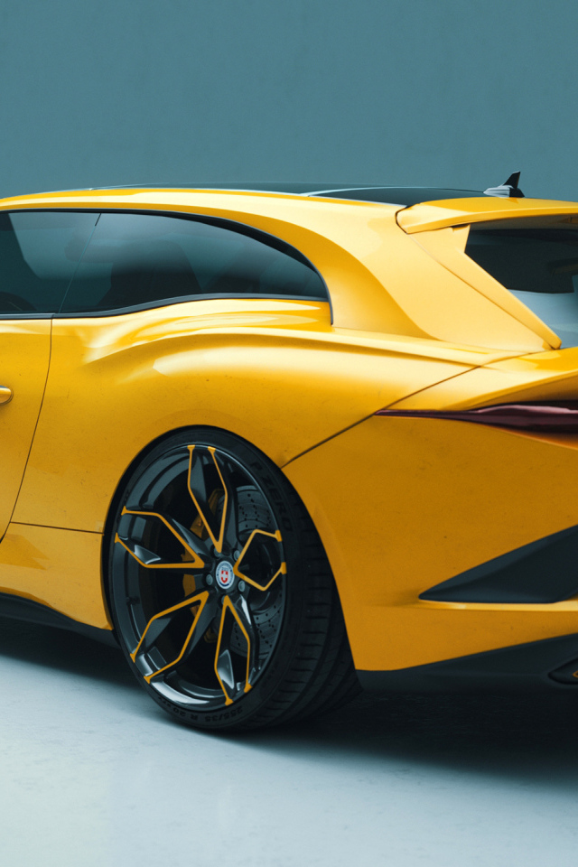 Желтый автомобиль Bentley Mulliner Bacalar вид сзади